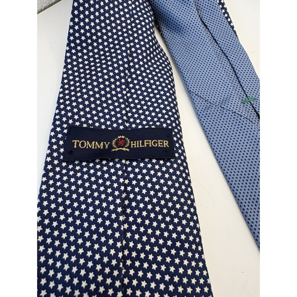 Vintage Tommy Hilfiger Necktie Navy Blue White Stars Crest Logo Preppy
